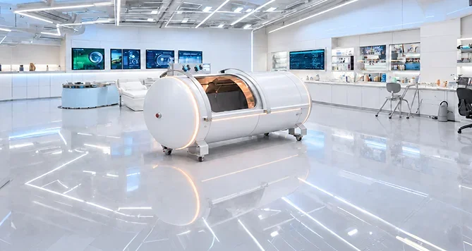 Hyperbaric chamber in a clinical room lined with monitors