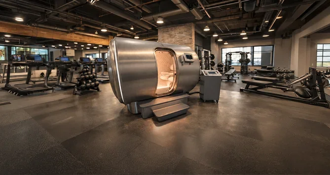 Hyperbaric chamber on a gym floor, next to the training equipment