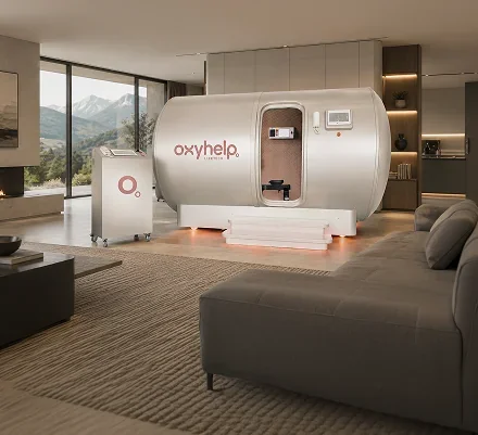 OxyHelp chamber in a living room with mountain views