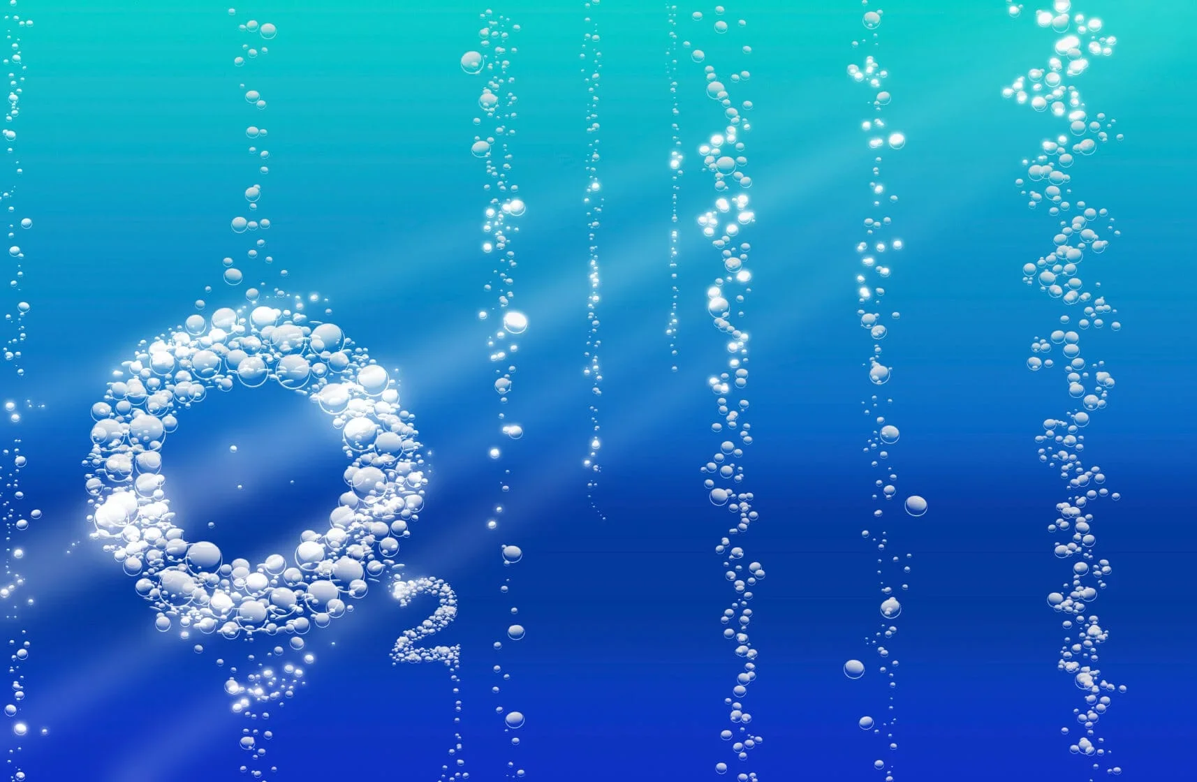 The chemical symbol O2 drawn in air bubbles rising through blue water