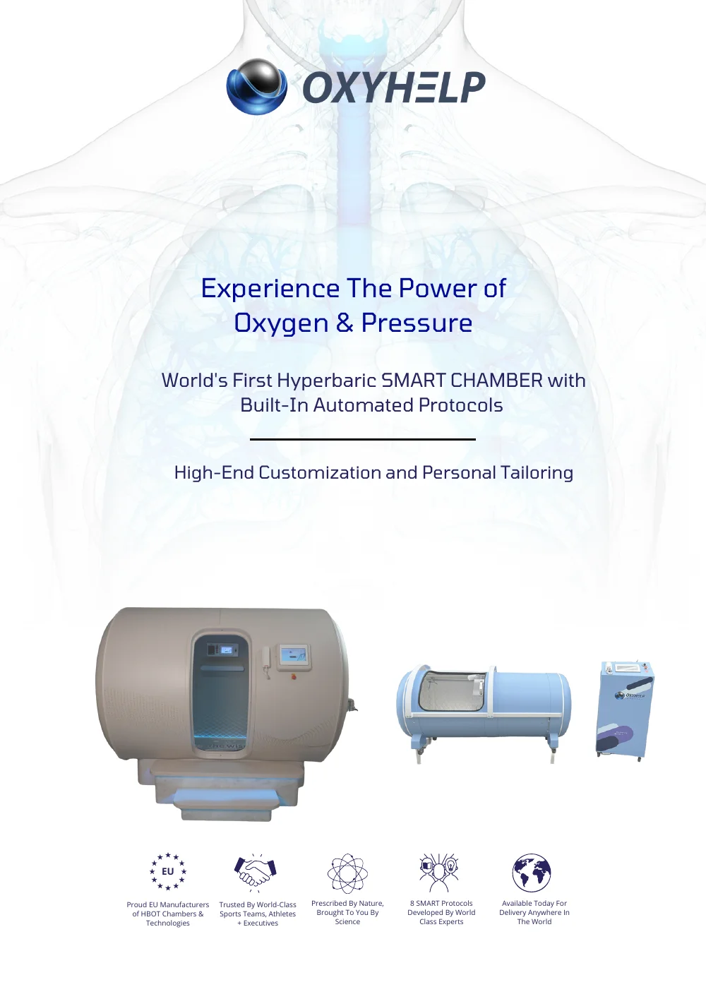 Cover of the OxyHelp brochure: the OxyLife chamber range, Experience the power of oxygen and pressure
