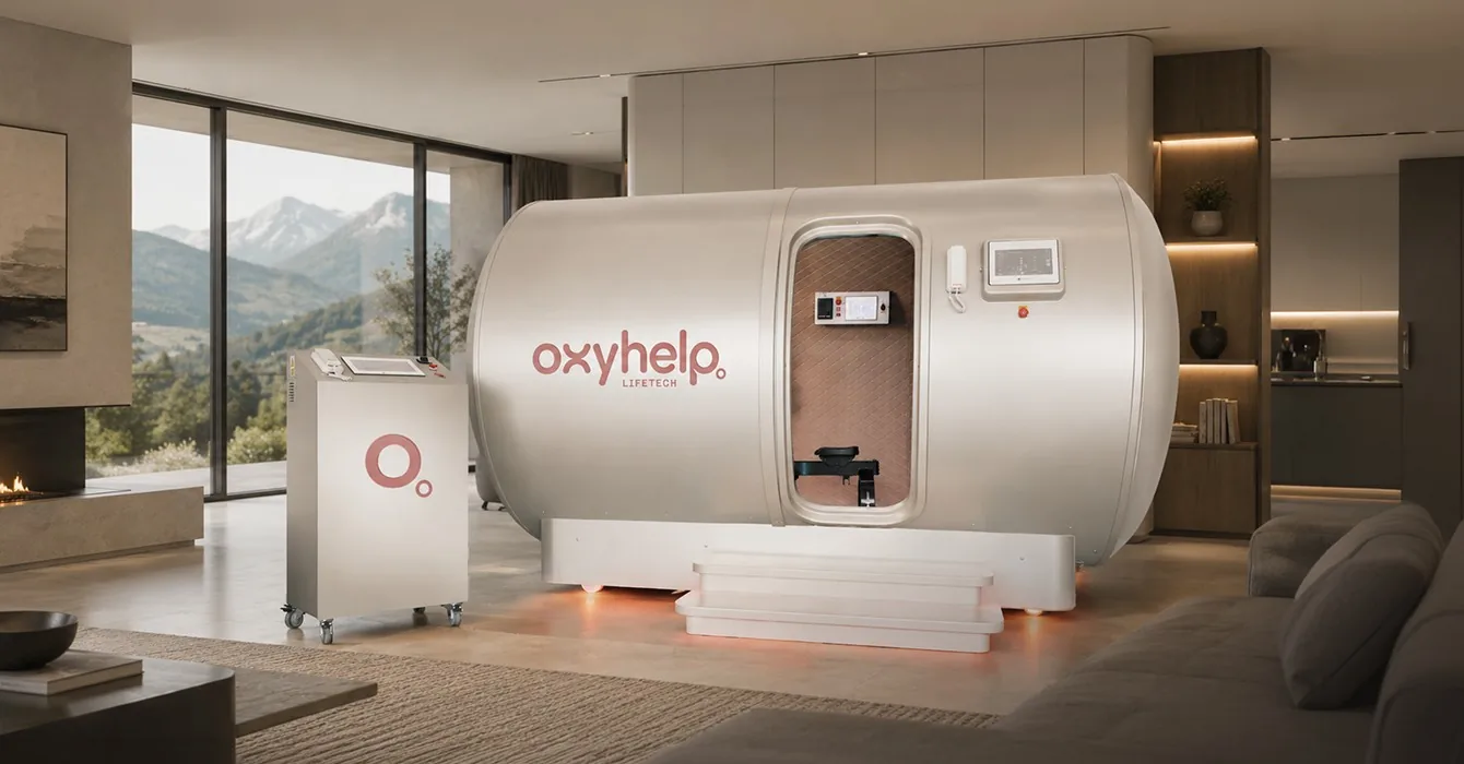 OxyHelp chamber in a modern living room with mountain views