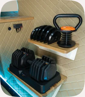 Kettlebell and dumbbells on a shelf
