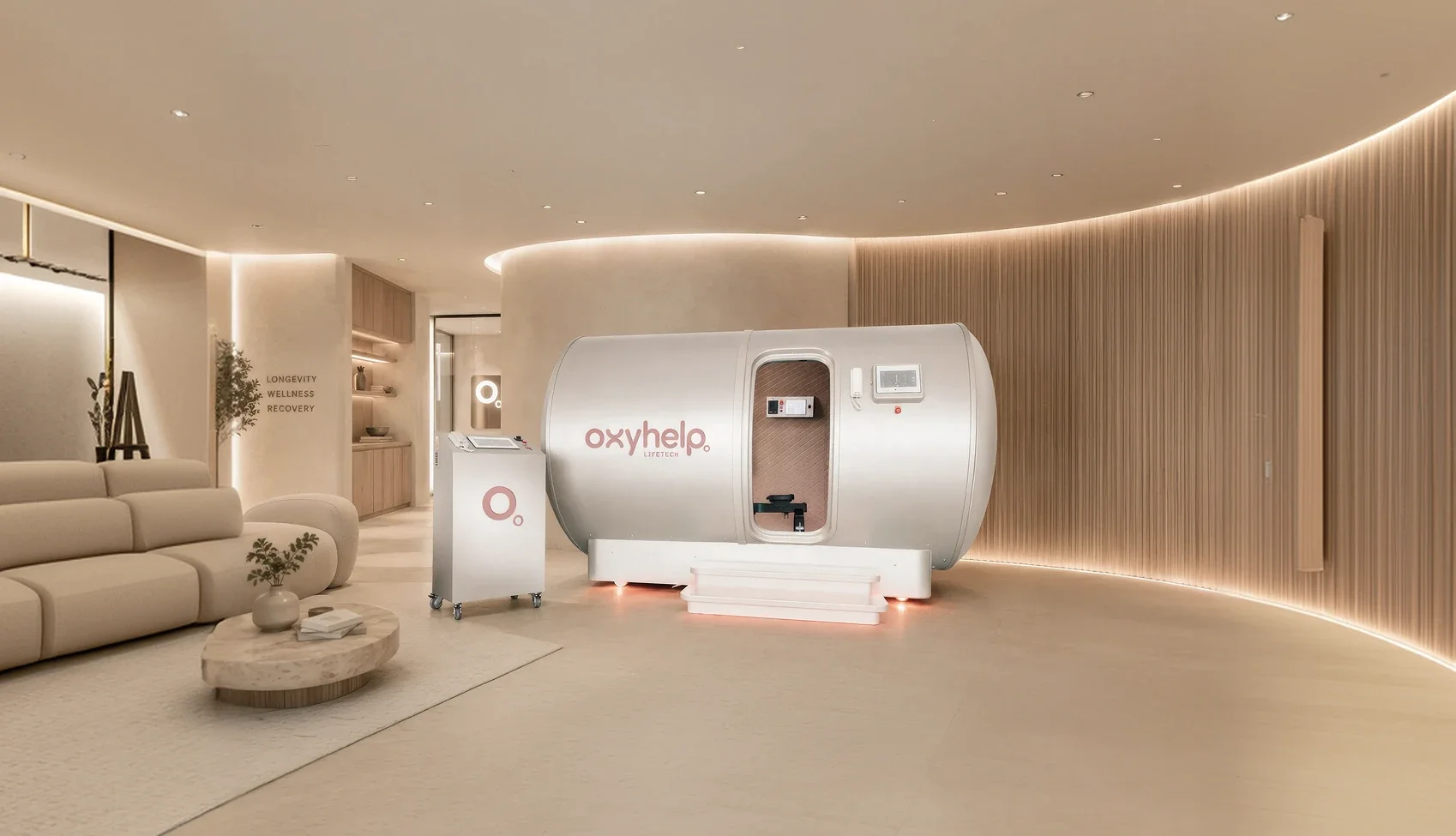 OxyHelp chamber in a warm-lit spa reception
